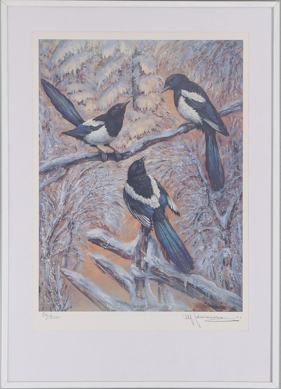 ALF JOHANSSON. Motiv med tre skator, färglitografi, blyertssignerad och numrerad nr 56/360.