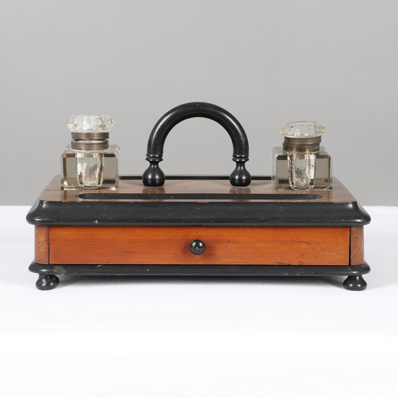 VICTORIAN WALNUT & EBONISED INKSTAND.
