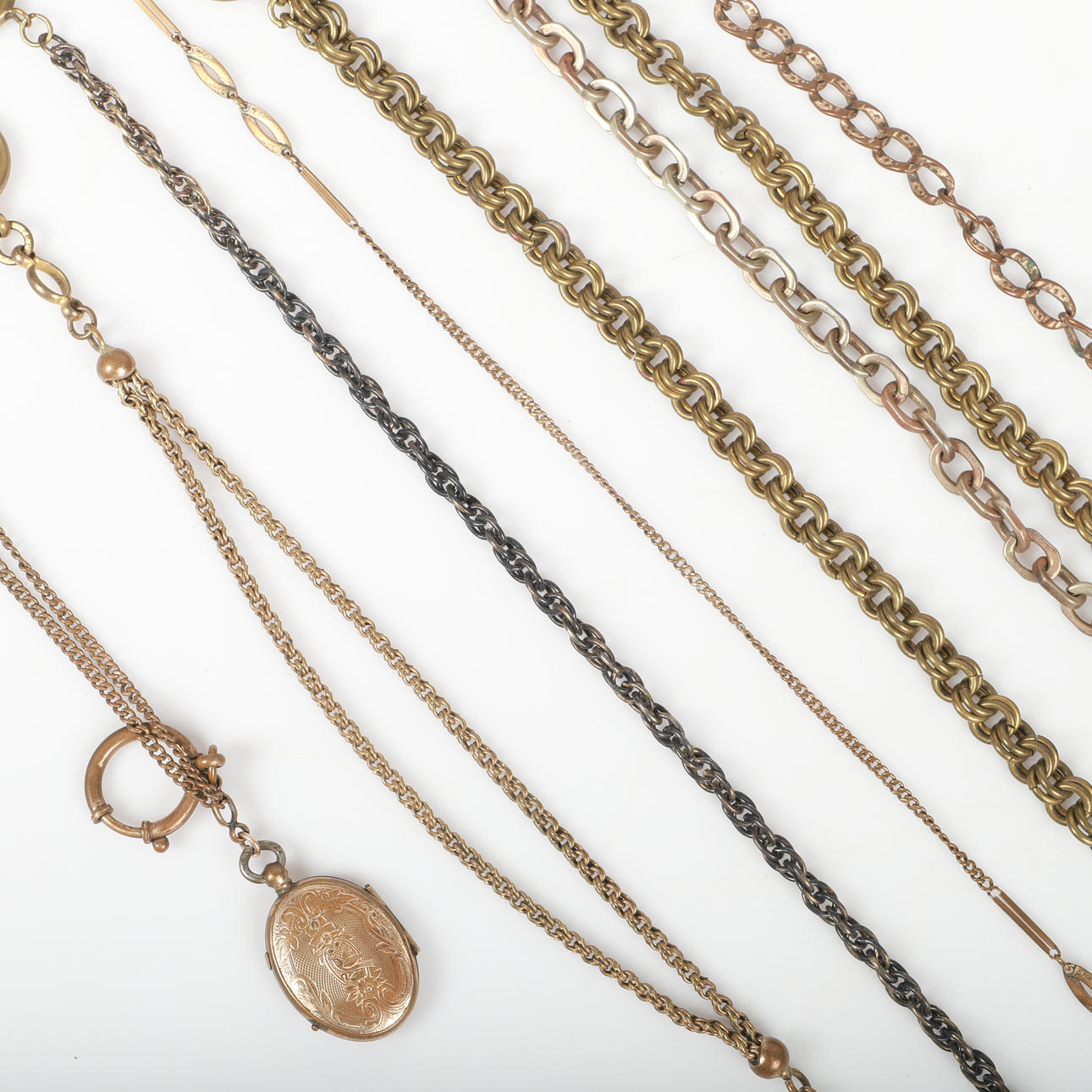WATCH CHAINS AND CHATELAINE, 15 pieces, gold plated.