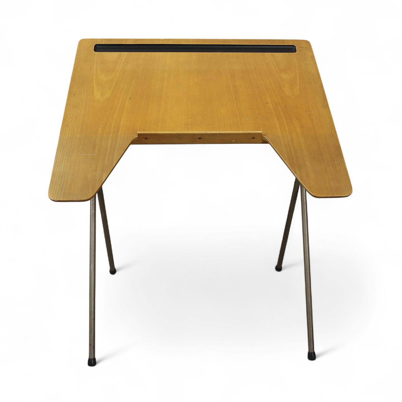 BRUNO MATHSSON. Drawing table with longer pencil compartment, bookplate on folding steel base, 1950s.