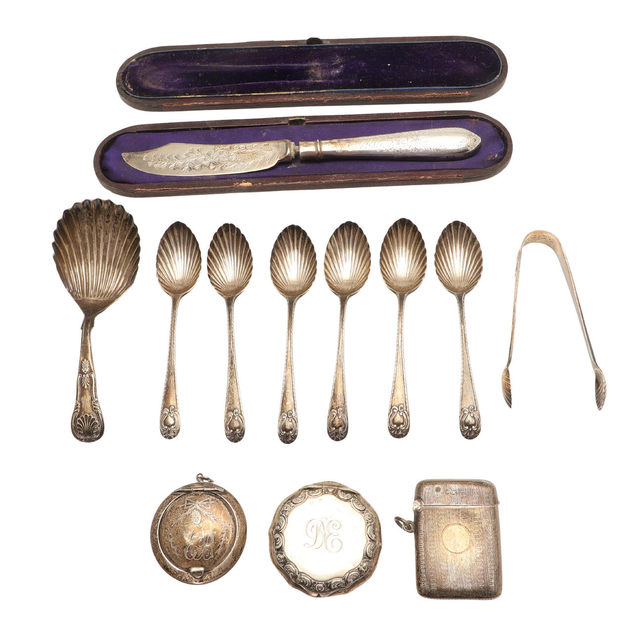 A VICTORIAN SCOTTISH SILVER CADDY SPOON AND OTHER SILVER.