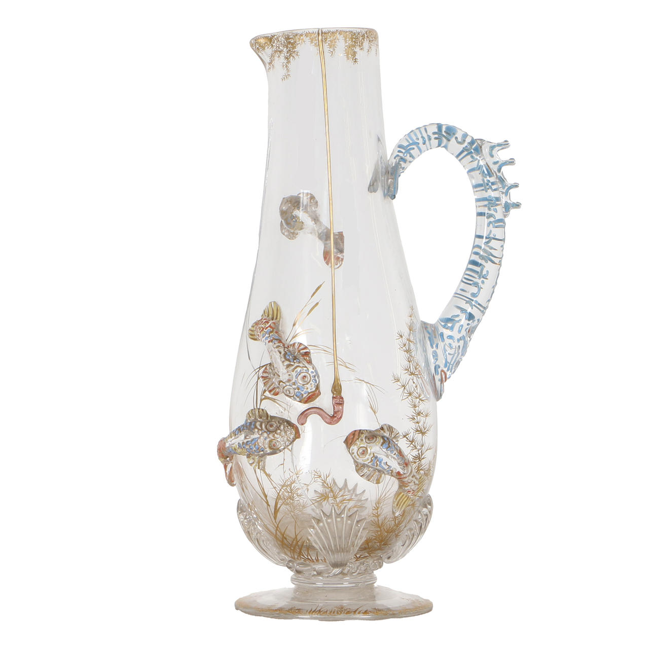 EINE GLASKANNE MIT ÄSTHETISCHEM UHRWERK, VON THOMAS WEBB, UM 1890.