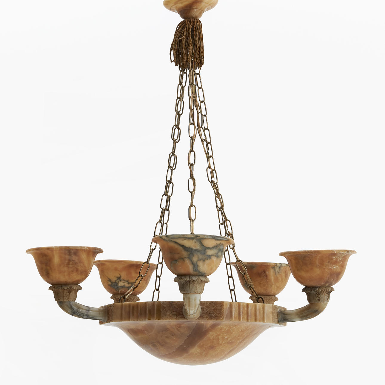 A 1920's alabaster six-point ceiling lamp.
