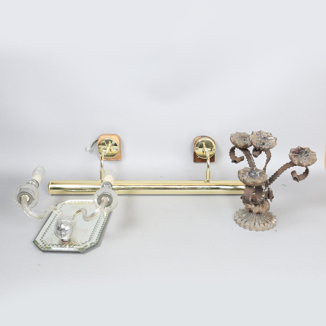 A MIRRORED GLASS WALL SCONCE WITH OTHERS (3).