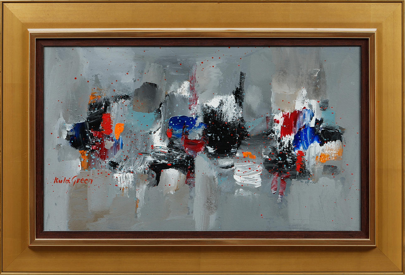 KULO GREEN. Abstrakte Komposition, Öl auf Holz, signiert.