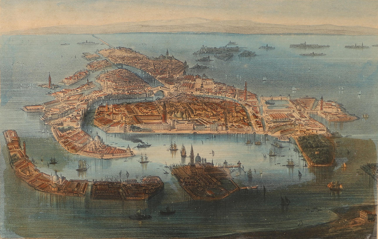 “Venice in a bird's eye view”, hand-coloured lithograph, dated 1864.