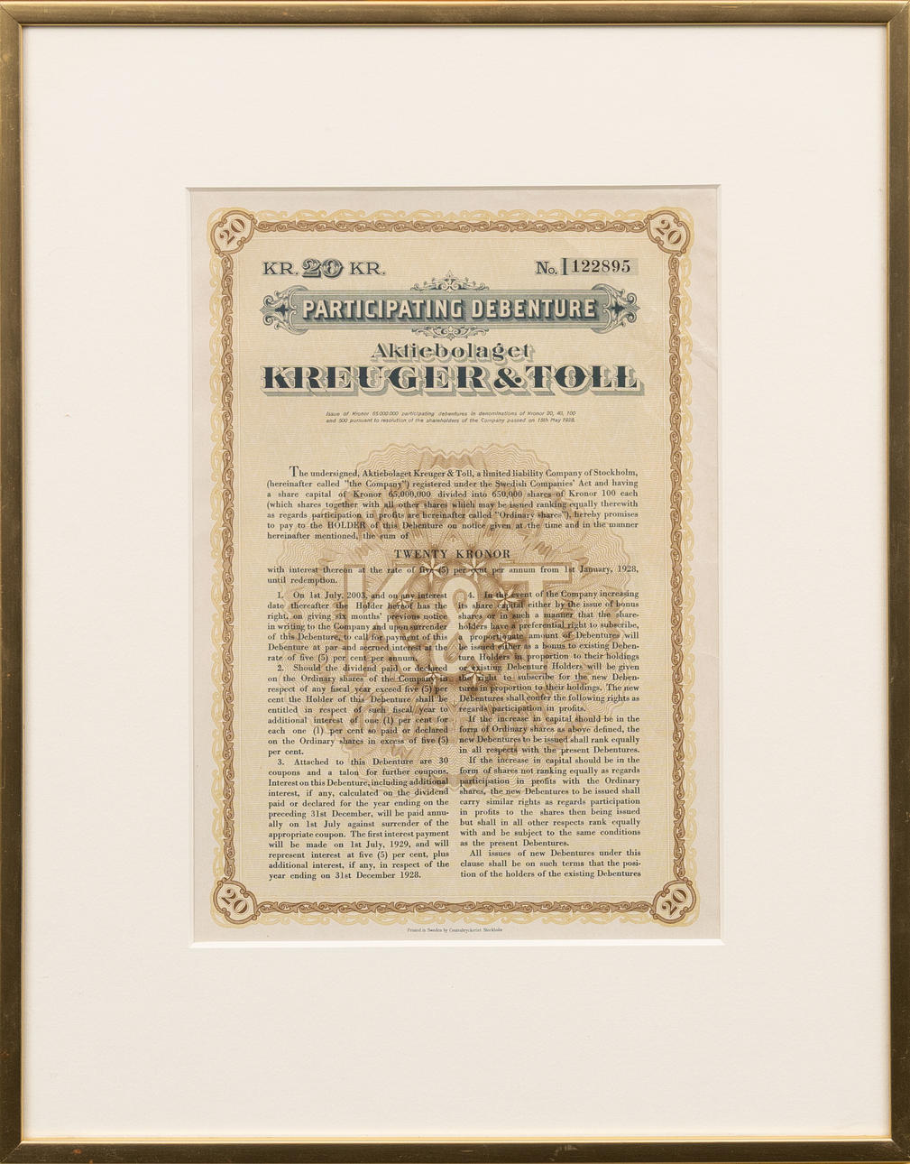 SHARE LETTER, 20 kr. Kreuger & Customs.