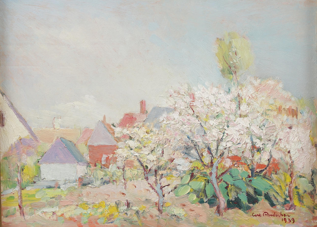 CARL ANDERSSON. “Flower and fruit tree, motif from Vik, Skåne”, oil on panel, signed and dated 1939.