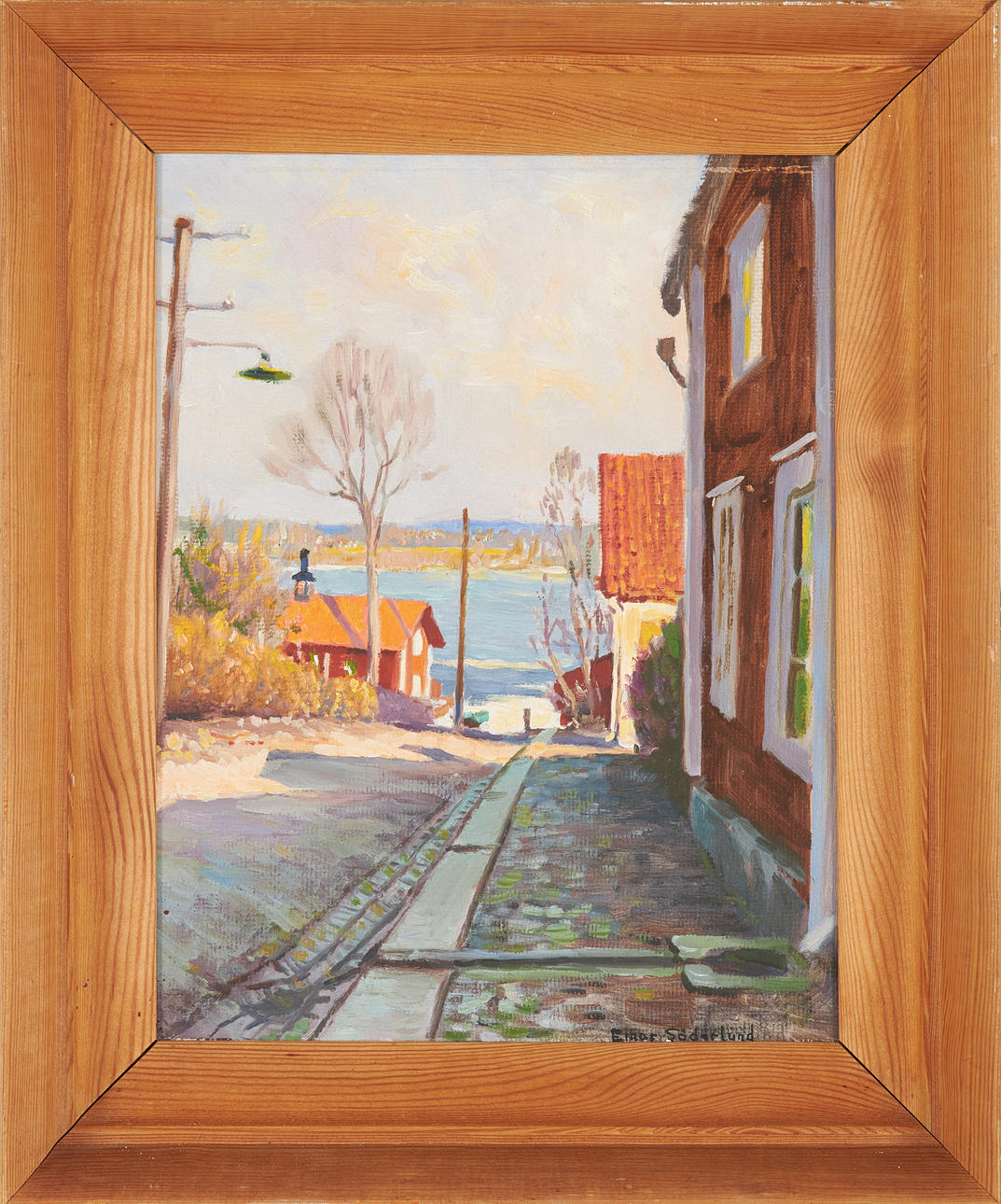 EINAR SÖDERLUND. Street scene with view to the water, oil on panel, signed.
