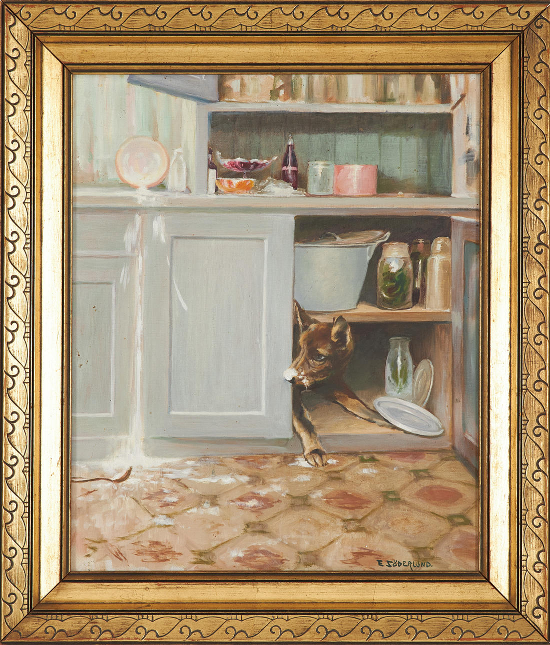EINAR SÖDERLUND. Interior scene with dog, oil on canvas, signed.