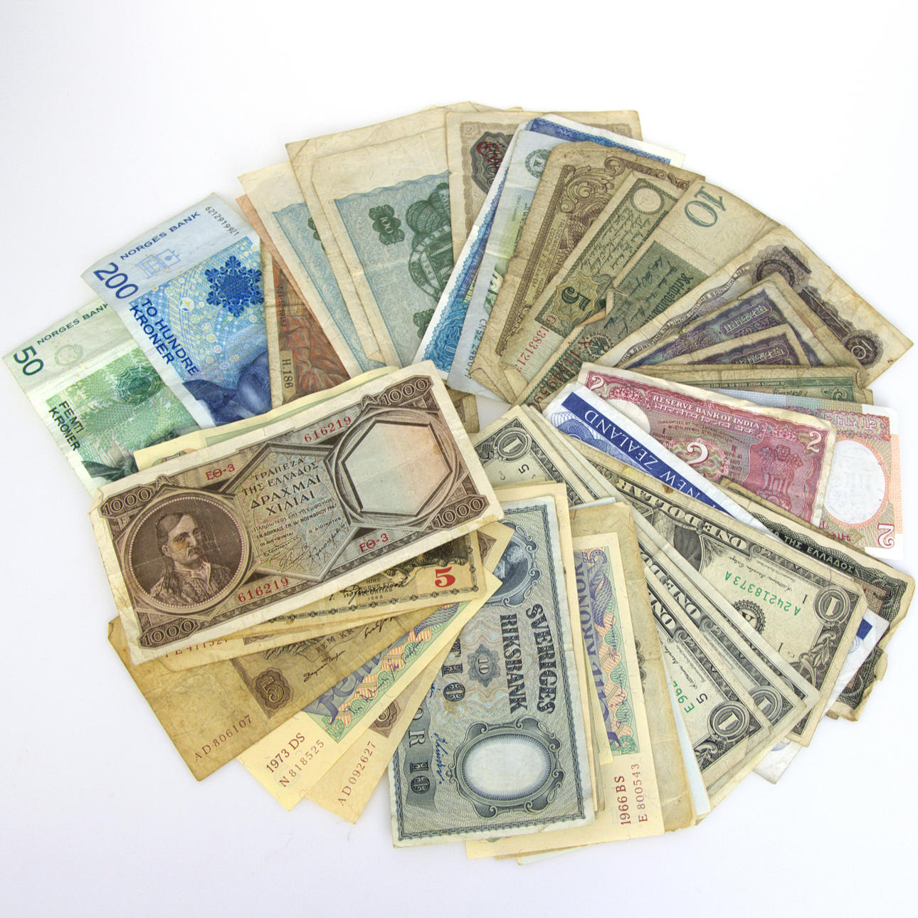 Banknotes, unsorted, Swedish and foreign, 20th century.