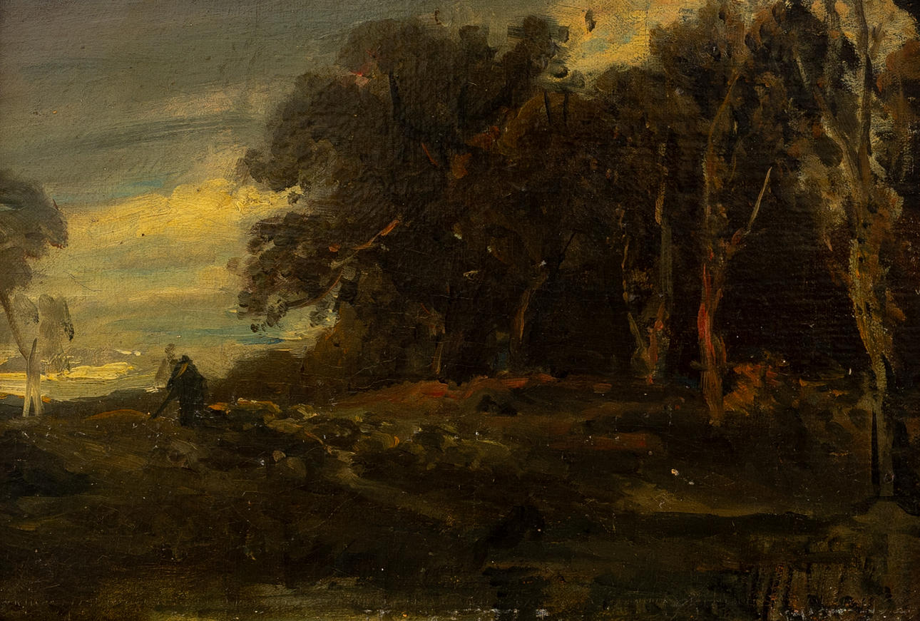 ADOLF THOMAS. “Landscape study with flock of sheep”. Oil on canvas.