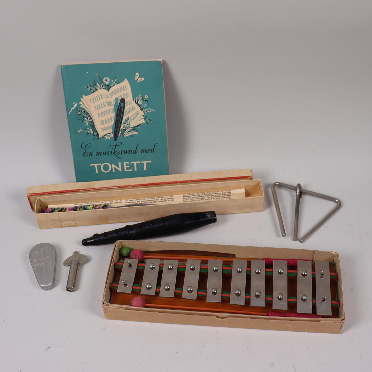 MUSICAL INSTRUMENTS, The Swanson Tonette Flute, Tone Steps, Triangle, Majestic Chromatic Pitch Pipe.