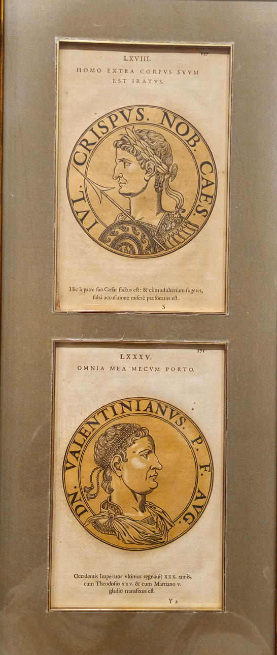 TWO FRAMED ENGRAVINGS DEPICTING TWO ROMAN EMPERORS.