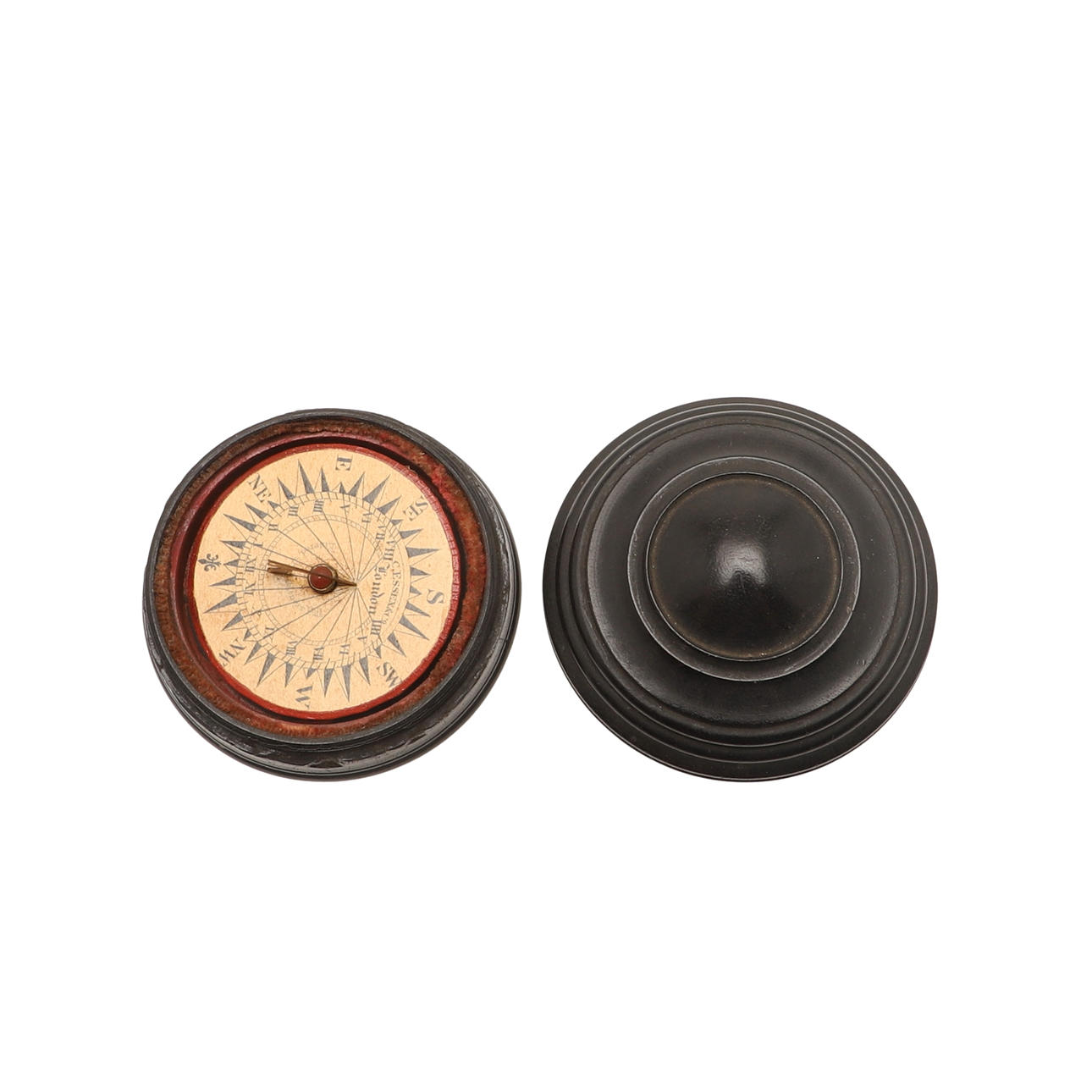 A REGENCY TURNED EBONY POCKET PANTOCHRONOMETER (COMPASS & SUNDIAL).
