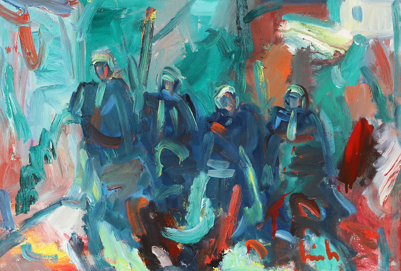 ERIK LO. Composition with figures, oil on canvas, signed.