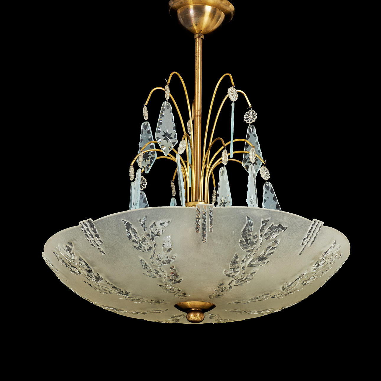 A 1920/30's ceiling lamp, plafond model with prisms, frame in brass.