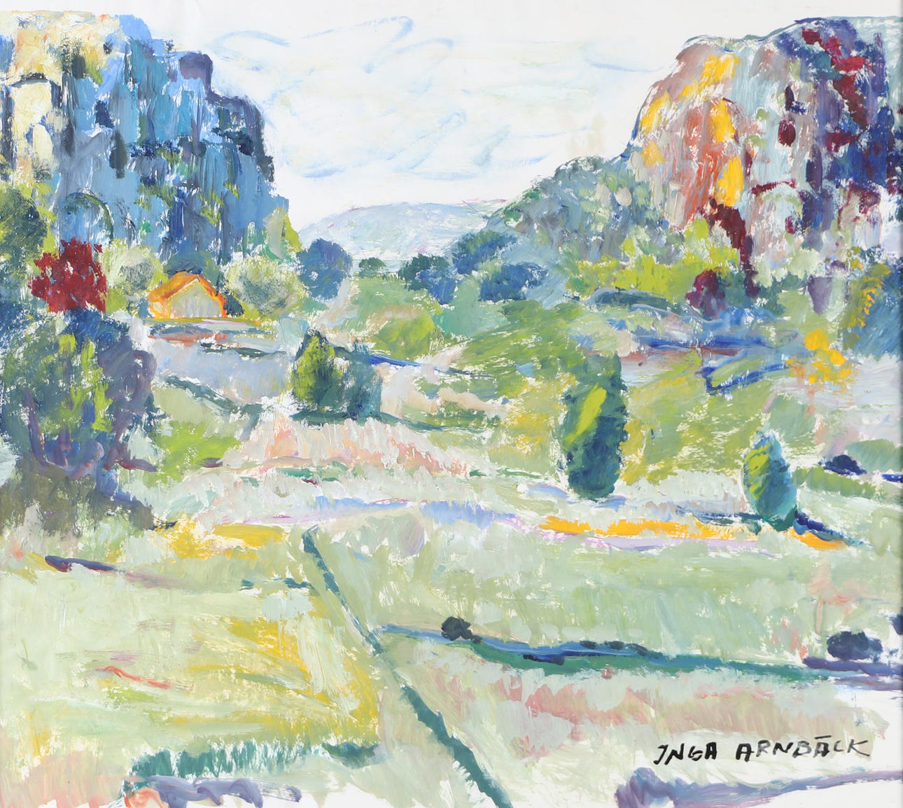 INGA ARNBÄCK. Landschaftsmotiv, Öl auf Karton, signiert.
