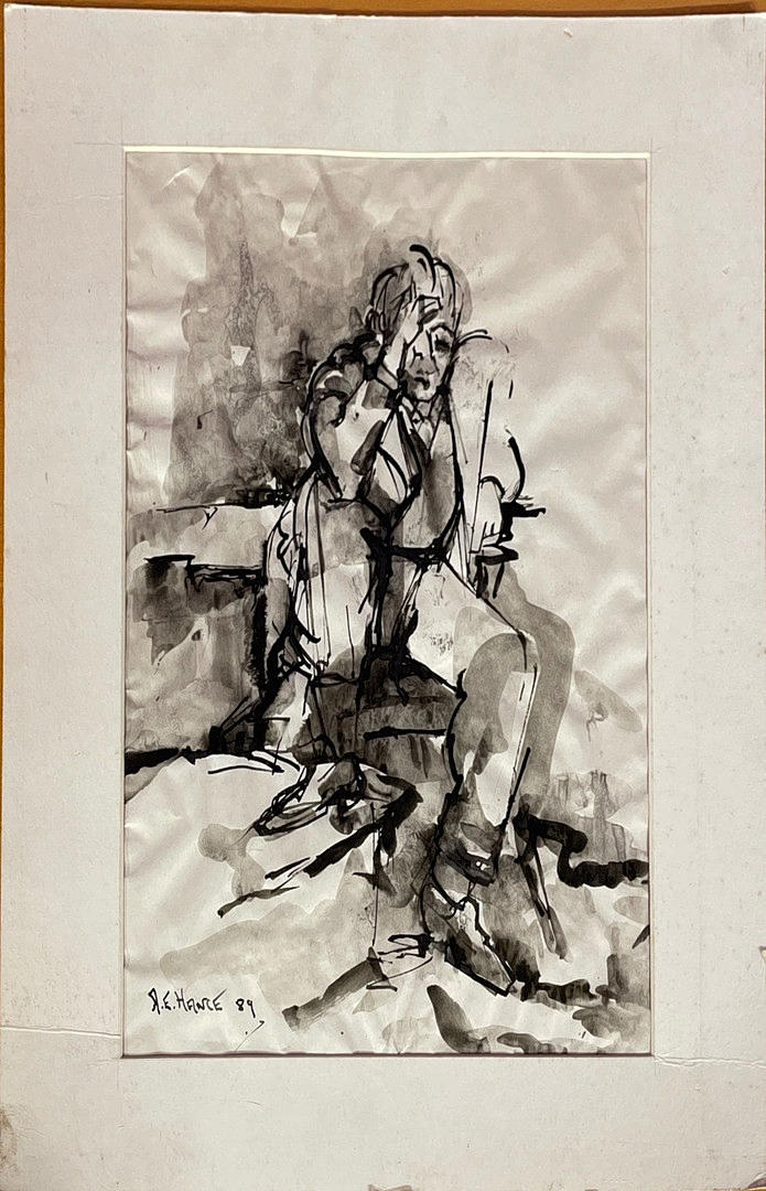 UNFRAMED MOUNTED INK AND WASH LIFE STUDY.