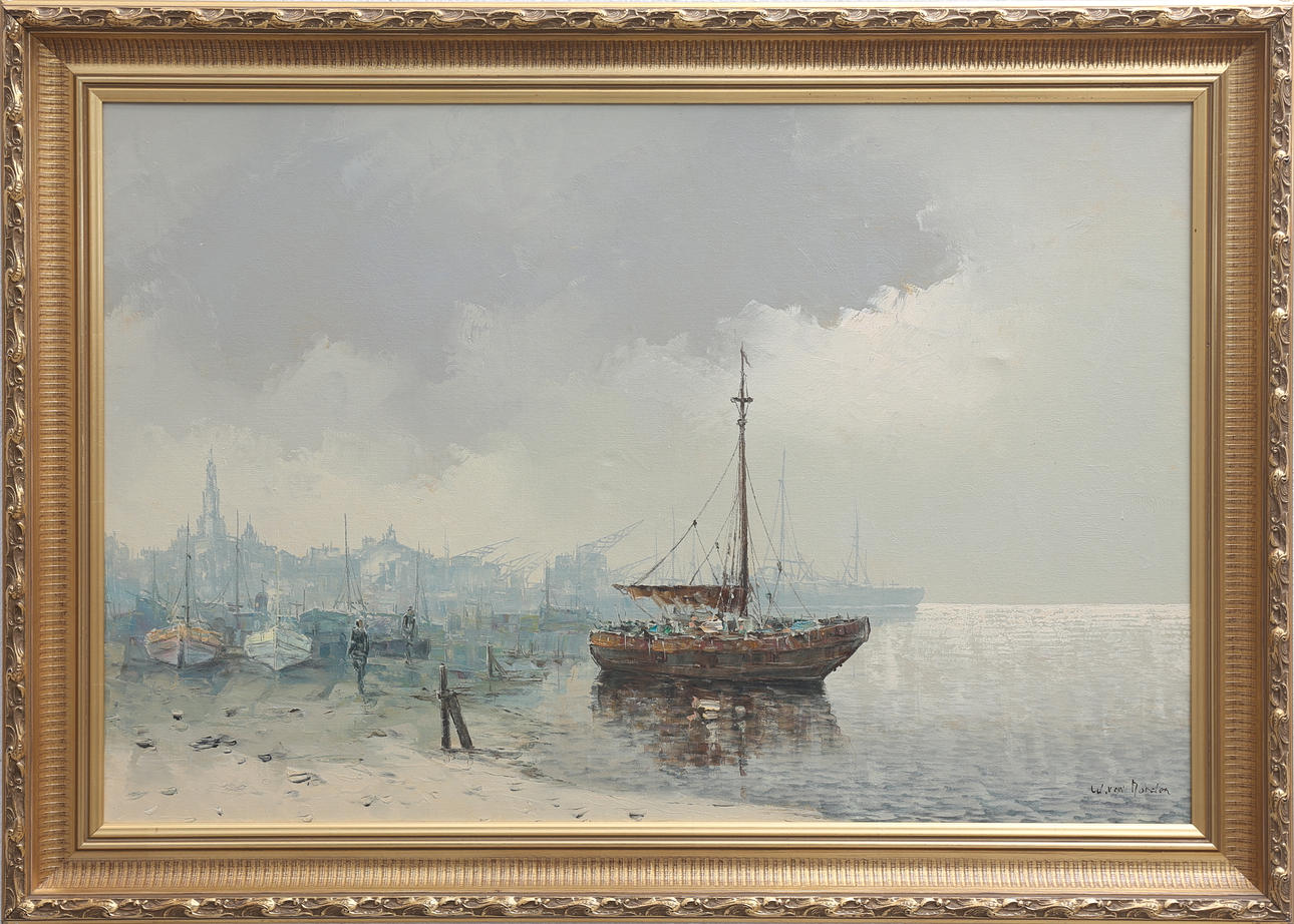 WIM VAN NORDEN. Hamnmotiv, Nederländerna. Olja på duk, signerad.