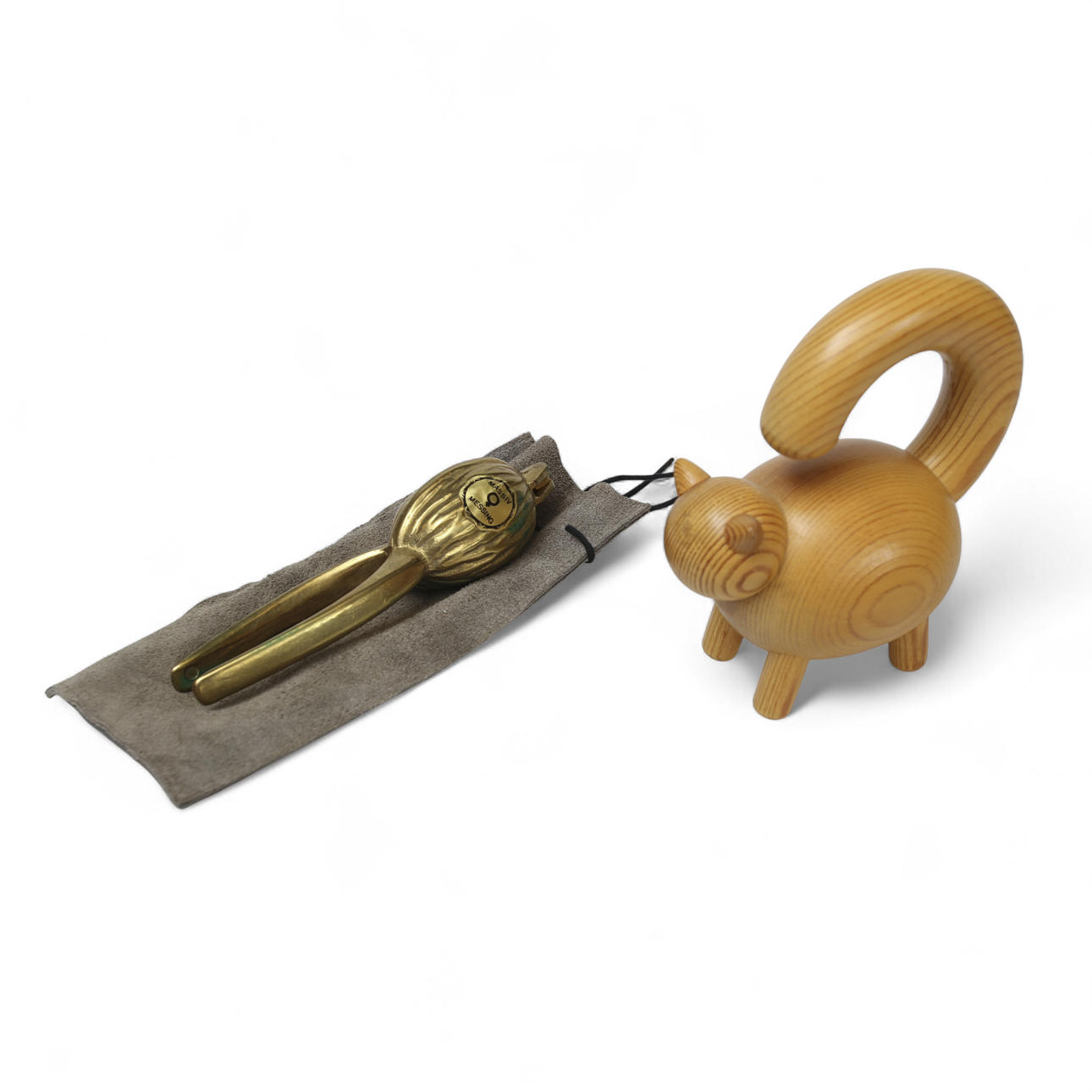 CAT SCULPTURE in wood, Aarikka Finland and NUTCRACKER in brass.