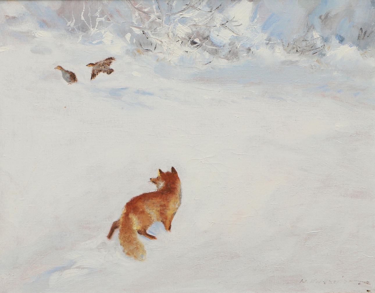 NILS ENGQUIST. Oil on canvas, “Fox and Partridge”, signed.