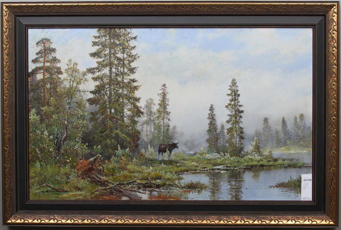 THORVALD RYGAARD. Norrländskt landskap med älgtjur.