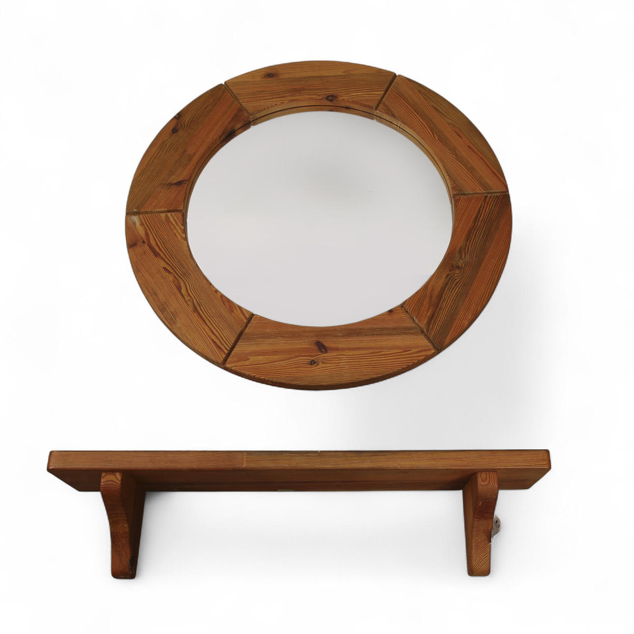 LARGER ROUND MIRROR WITH UNDERSHELF, pine, with label Markaryd, 1970- tal.