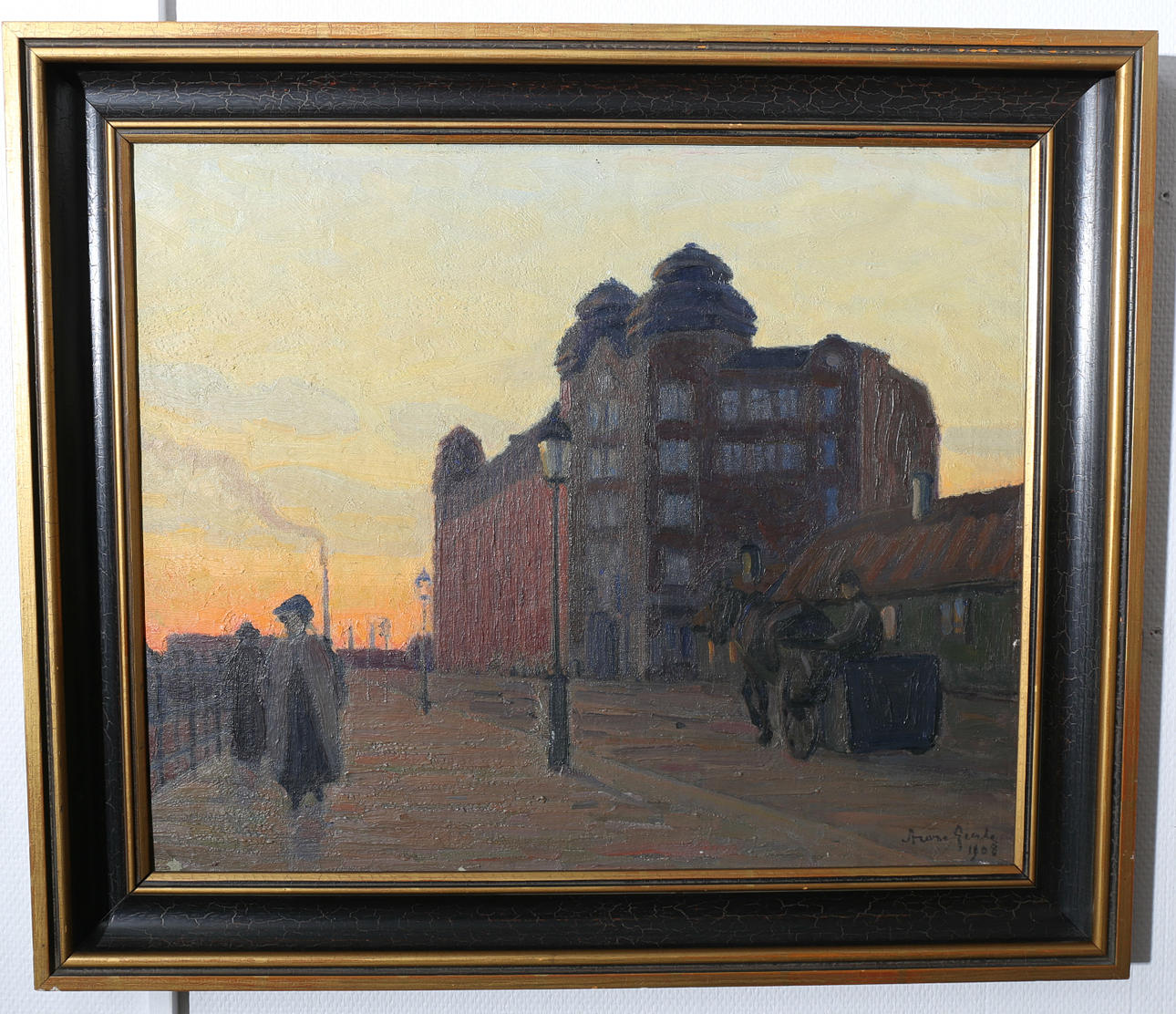 ARON GERLE. Olja på pannå, Stadsmotiv i skymning med figurer, signerad, daterad 1908.