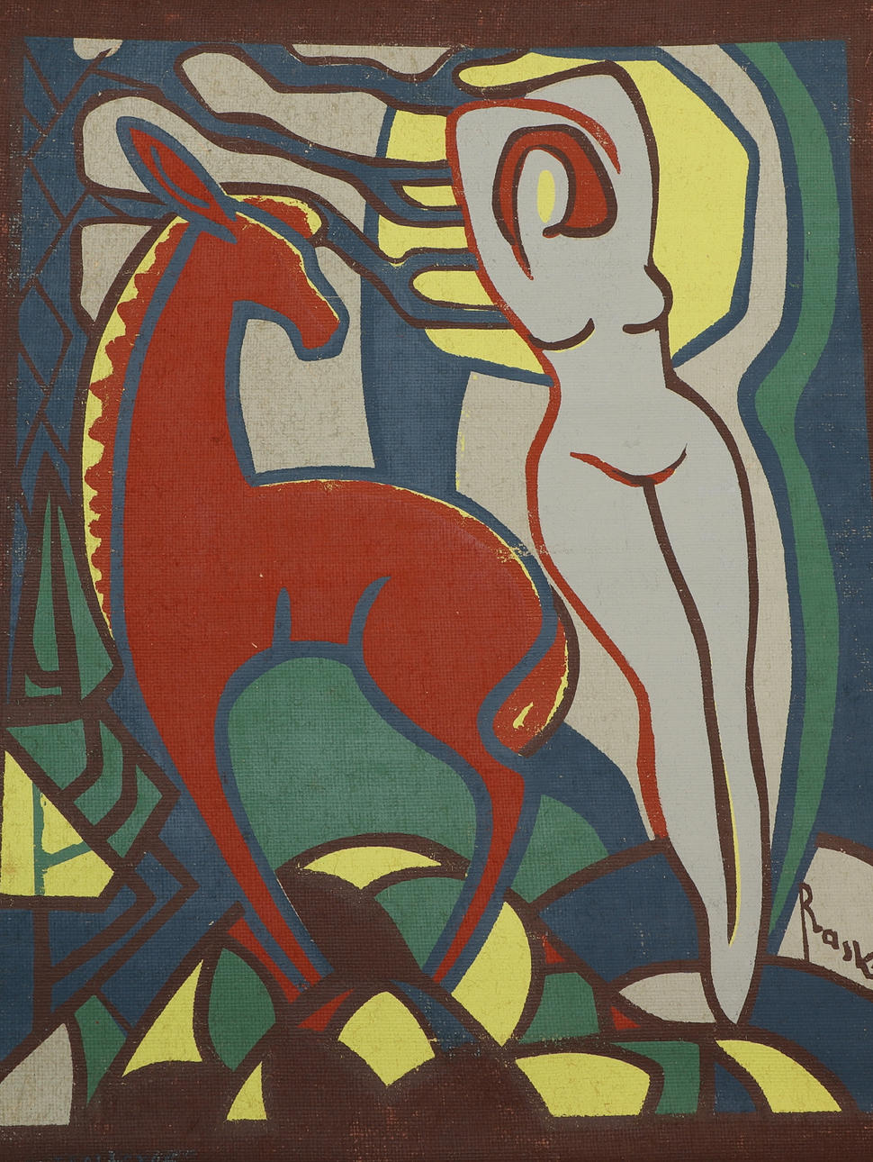 WALTER PRASKI. Oil on jute fabric, unframed, composition, signed.