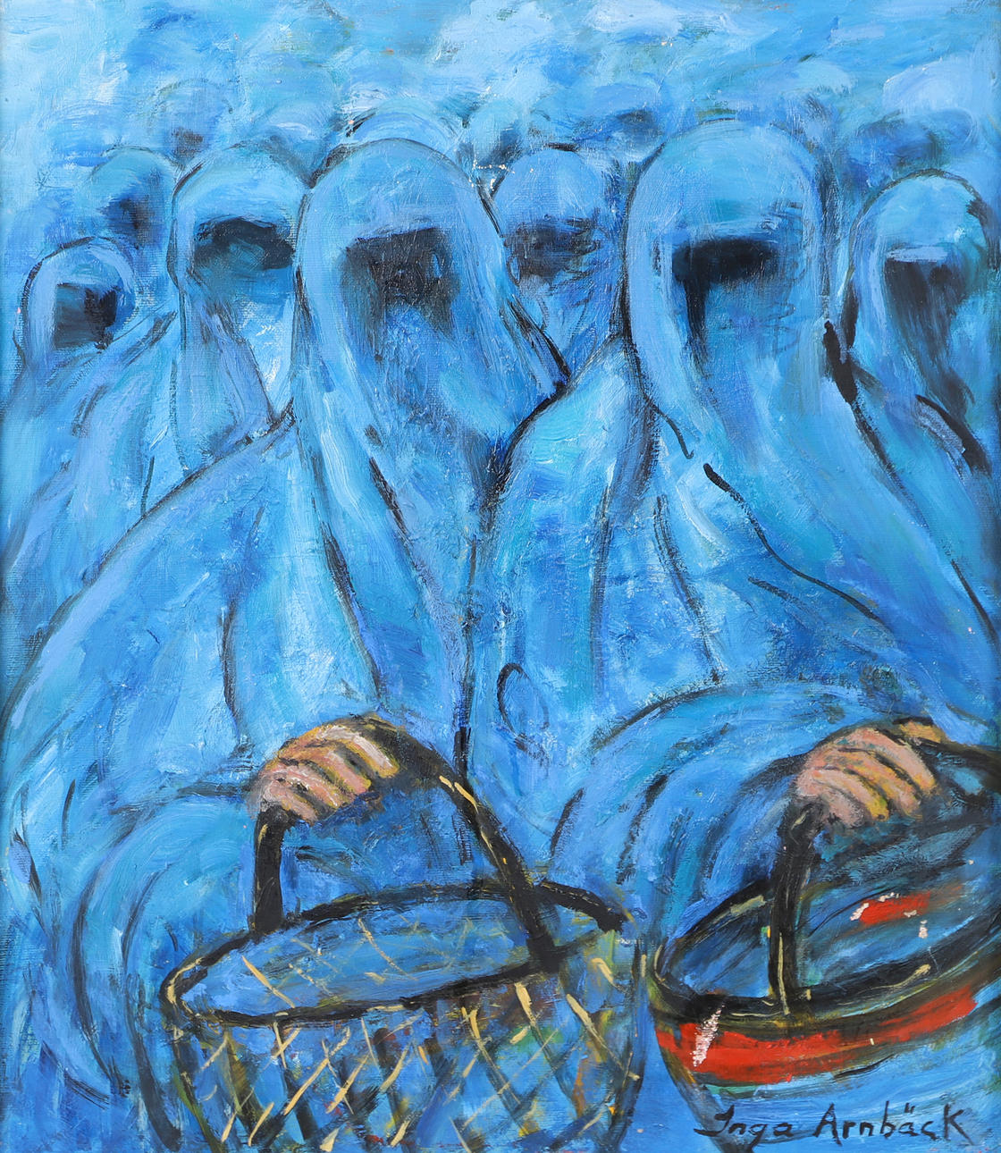 INGA ARNBÄCK. Figures with baskets, oil on canvas, signed.