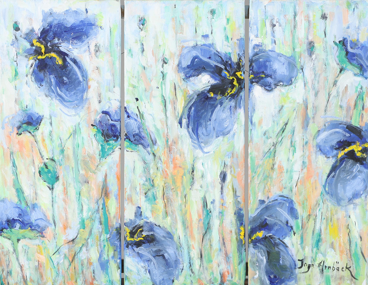 INGA ARNBÄCK. Flores azules, óleo sobre lienzo, tríptico, ss.