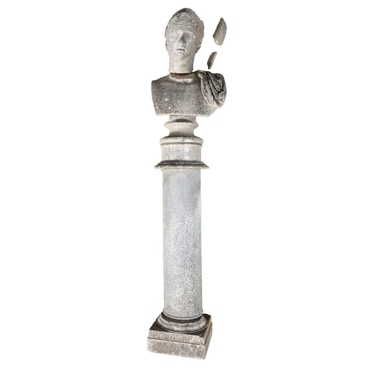 A CARVED STONE BUST OF A ROMAN ON A COLUMN.