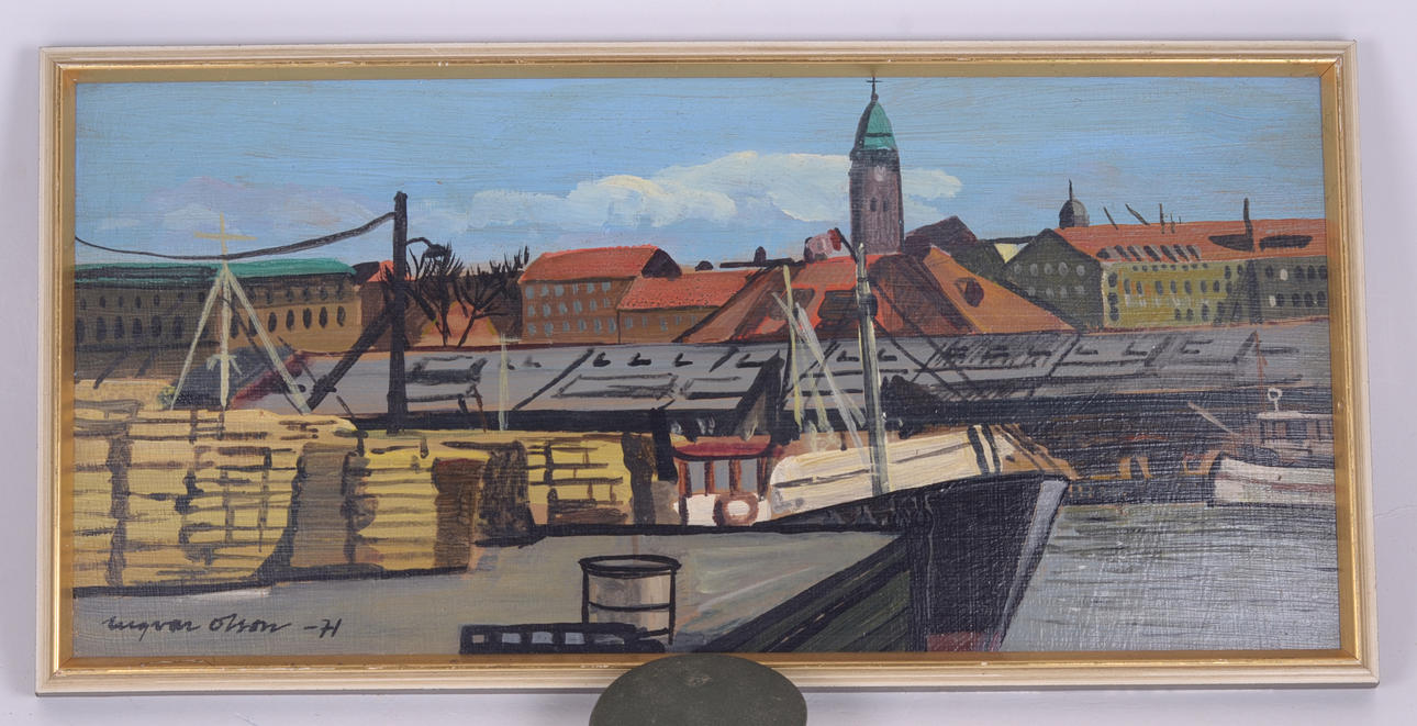 INGVAR OLSON. Göteborgs fiskhamn, olja på pannå.