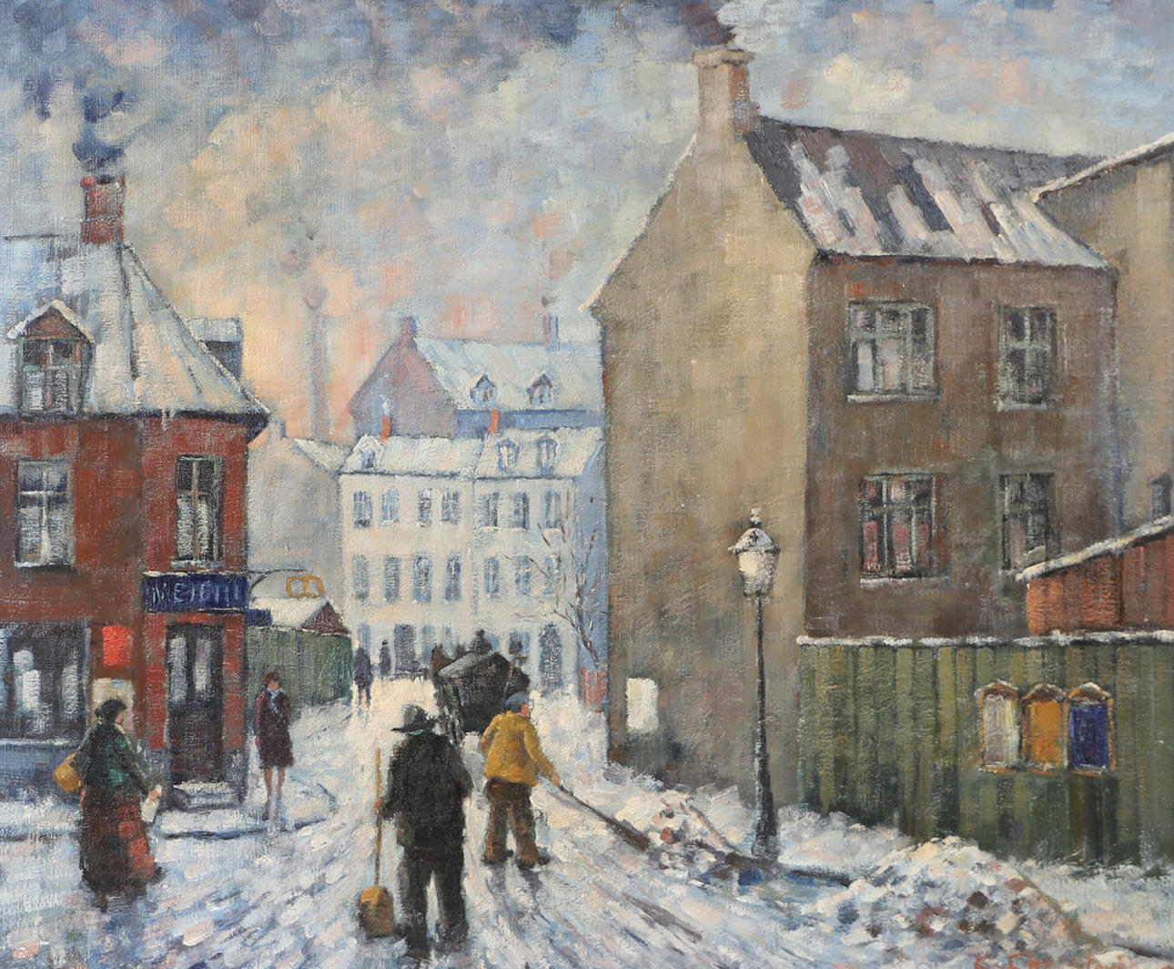 OIDENTIFIERAD KONSTNÄR. Cityscape with figures, oil on canvas, indistinctly signed.