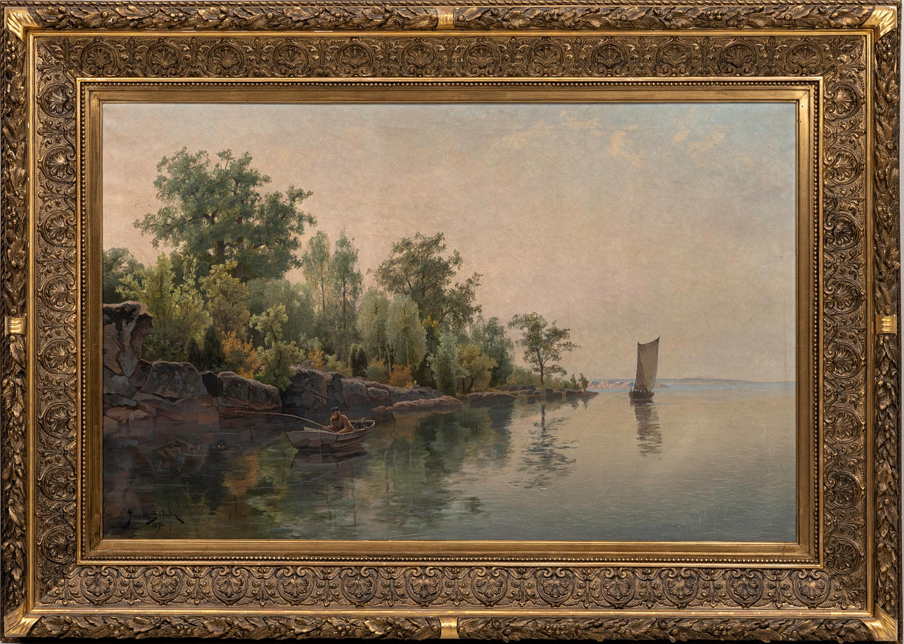 JOHAN JAKOB SILVÉN. Beach motif with fishing boat, oil on canvas, signed and dated 1891.
