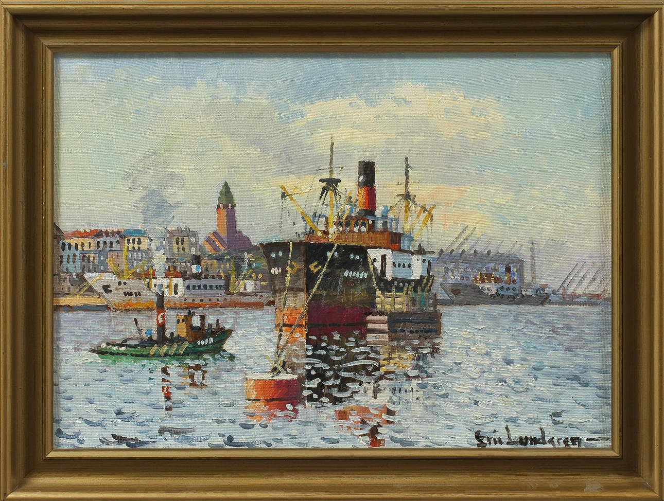 ERIC LUNDGREN. Hamnmotiv, olja på duk, sign.