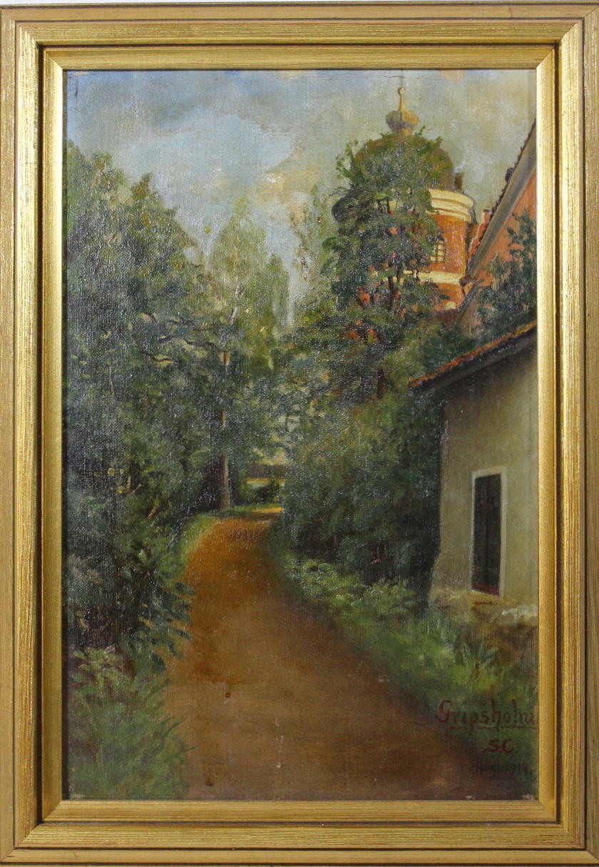 SOFIA CARLANDER. olja duk, signerad a`tergo och monogramsignerad S C, Gripsholm daterad 1914.