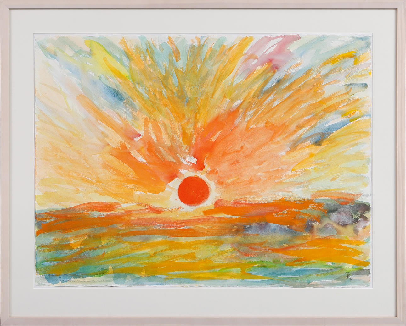 OIDENTIFIERAD KONSTNÄR. Composition with red sun, watercolor, signed Bj.