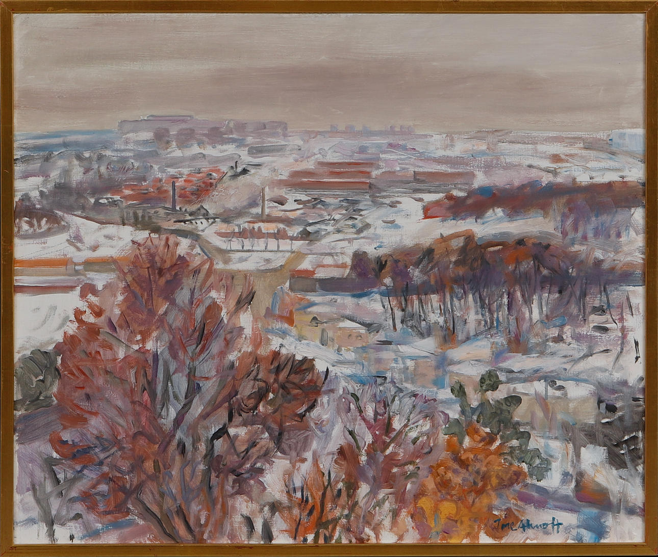 TORE  AHNOFF. “Towards Fredriksdal, winter”, oil on canvas, signed.