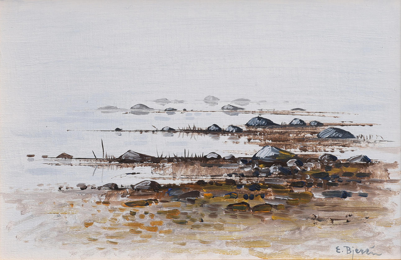 EKE BJERÉN. OIL ON PANEL, 'LOW TIDE', SIGNED.