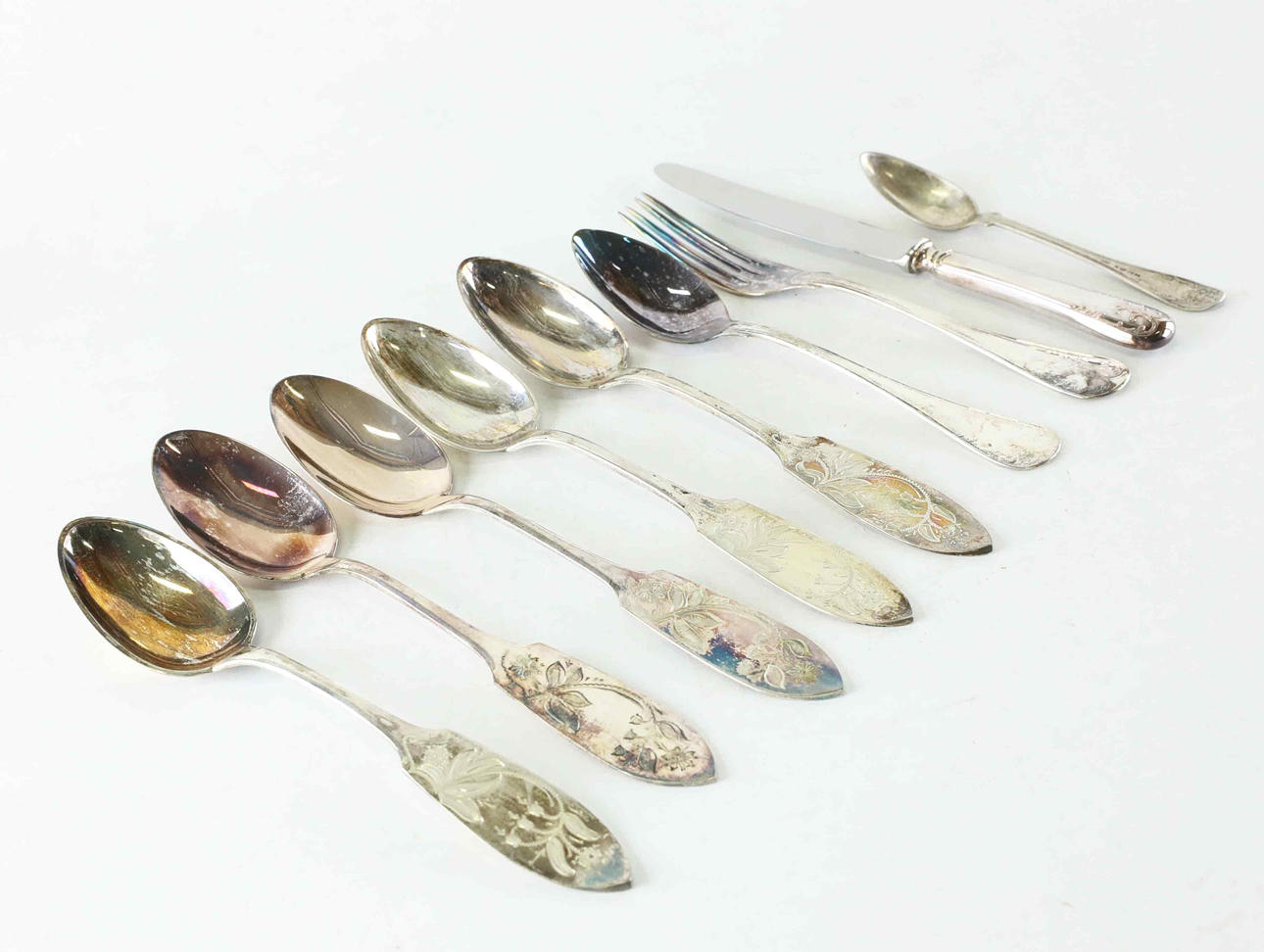 SILVER, spoons, fork, knife, 18/20th century.