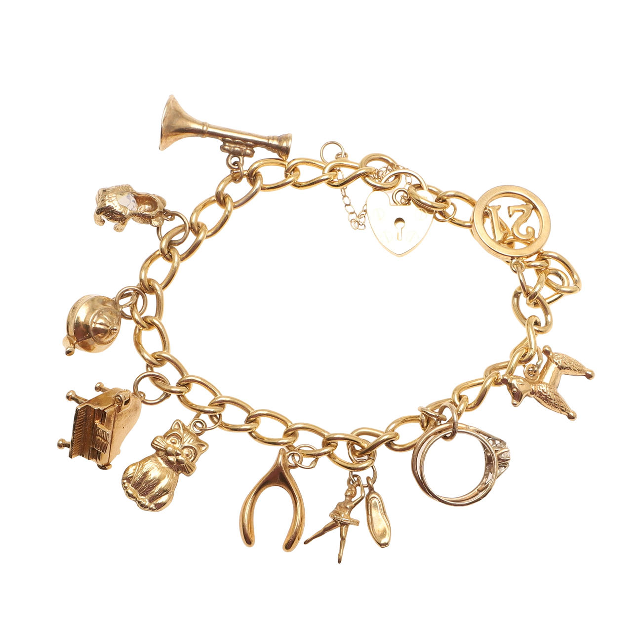 A 9CT GOLD OVAL LINK CHARM BRACELET.