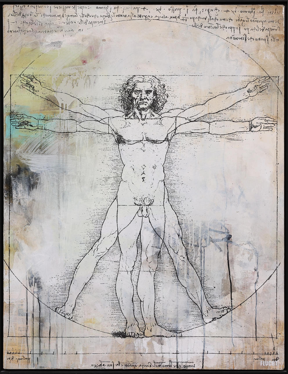 DAVID FEUCHT. “Vitruvian Man”, Leonardo da Vinci, mixed media, signed on verso.