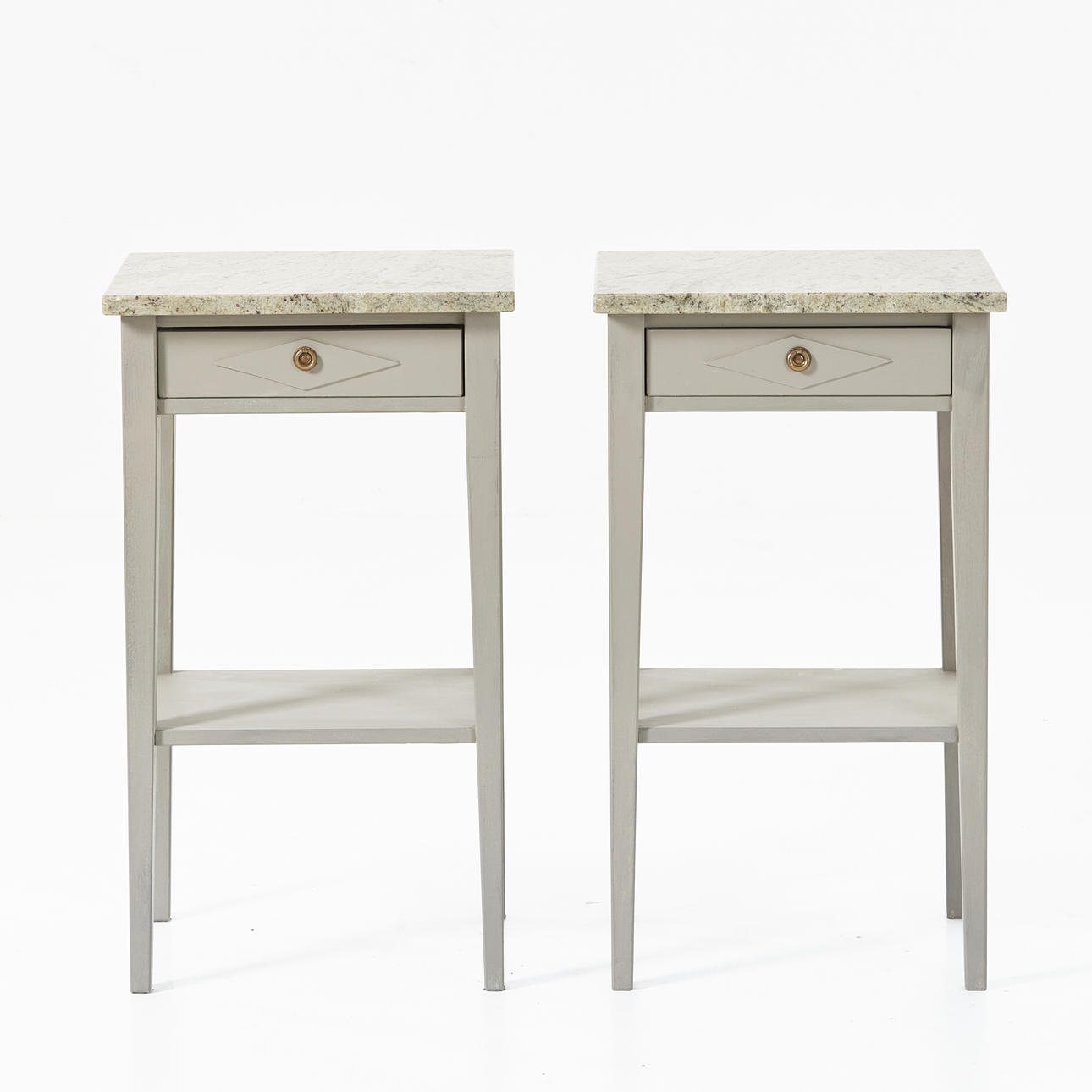 A pair of late 20th century Gustavian style bedside tables with stone top.