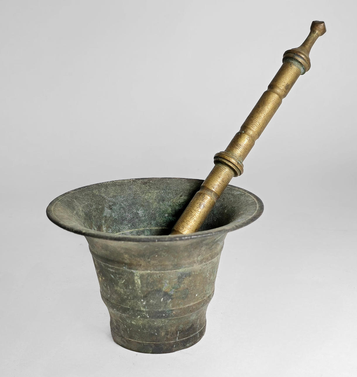 BRONZE MORTAR WITH MALLET.