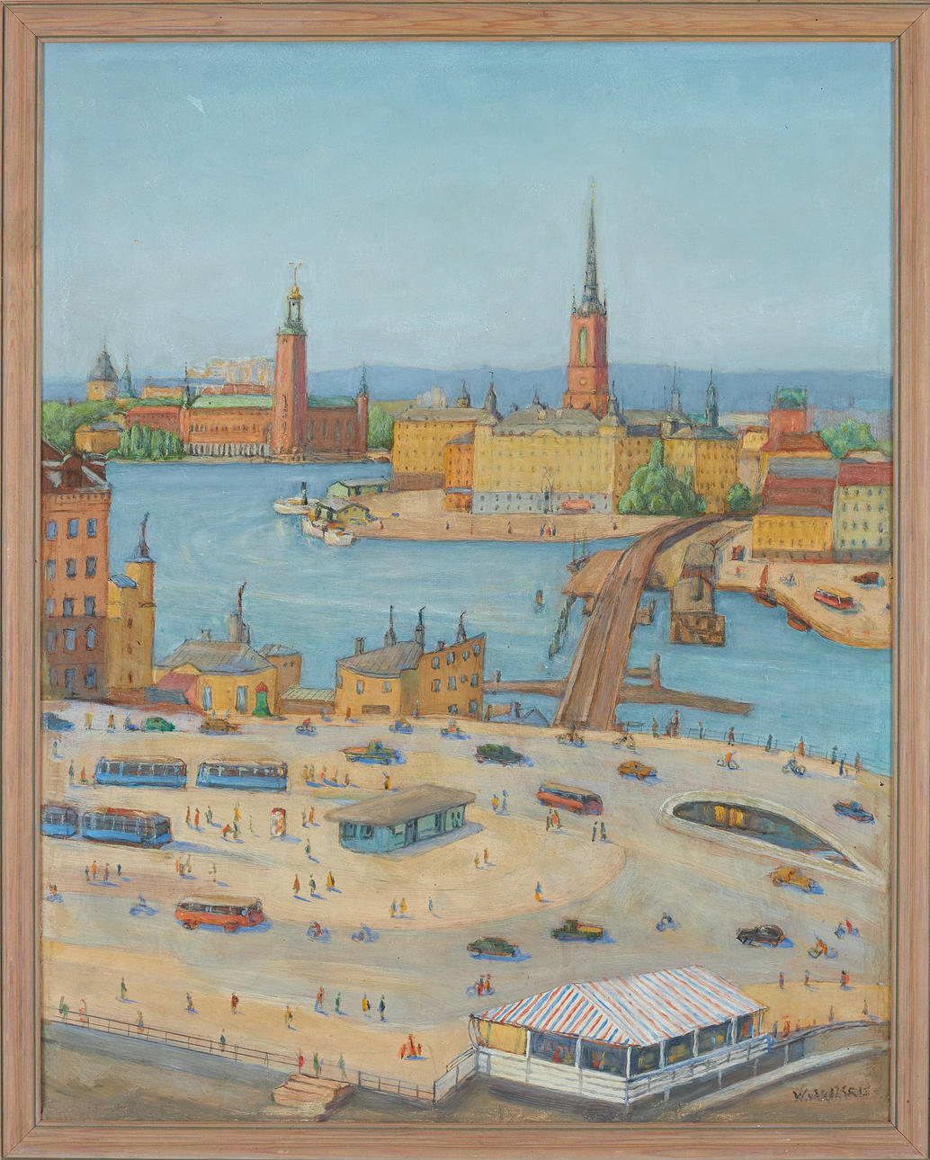 OIDENTIFIERAD KONSTNÄR. Slussen, Riddarholmen and the town hall, on panel, signed.