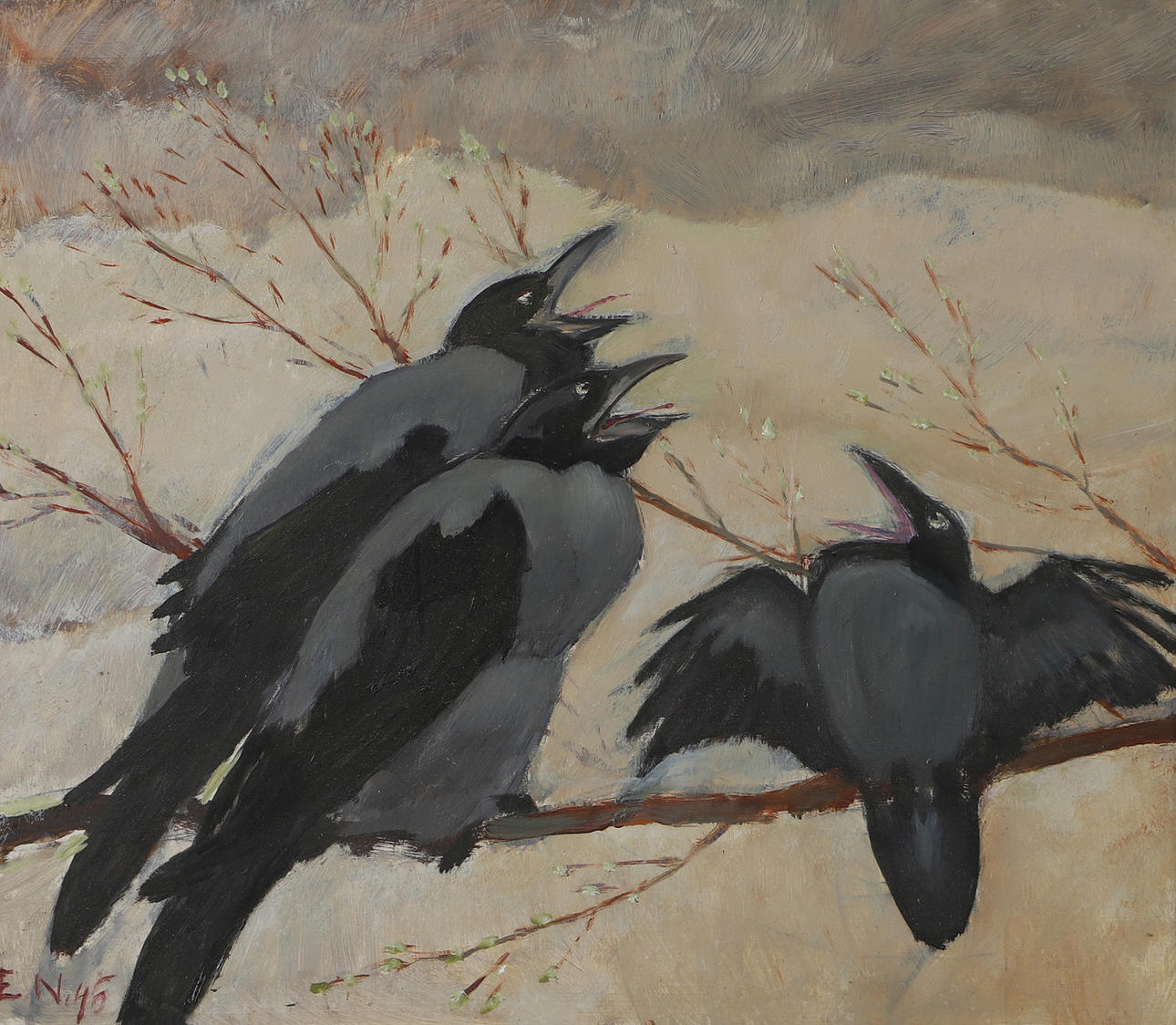 ERNST NORDLIND. Three crows, oil on panel, signed E.N. -45.