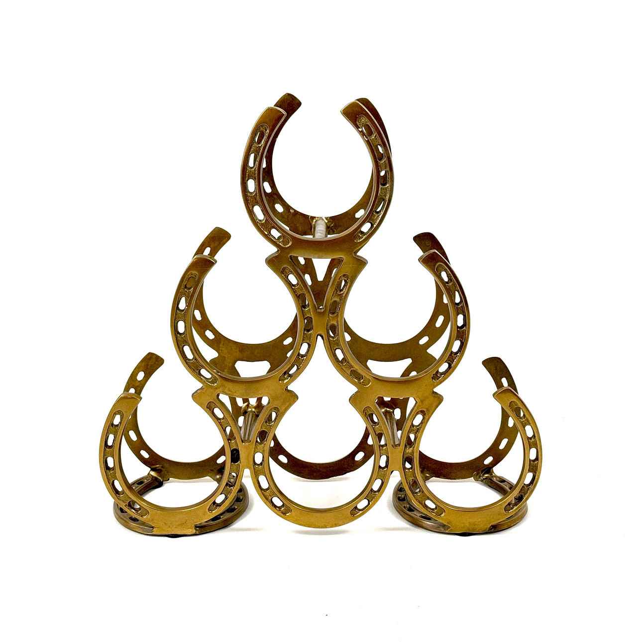 BRASS HORSESHOE STYLE WINE RACK.