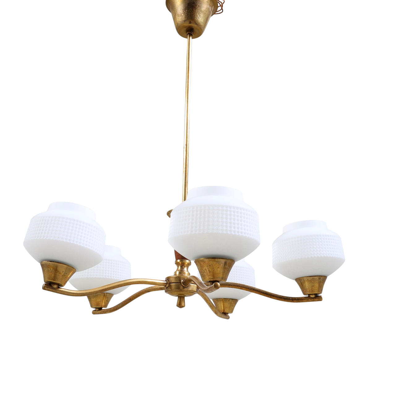 LOFTSLAMPE, messing, teak & opalglas, 1950'er.